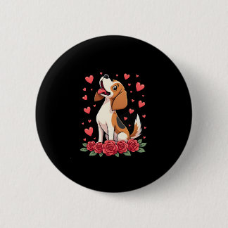 Macaron Rond 5 Cm Cute Beagle with Red Roses Hearts Floral Valentine