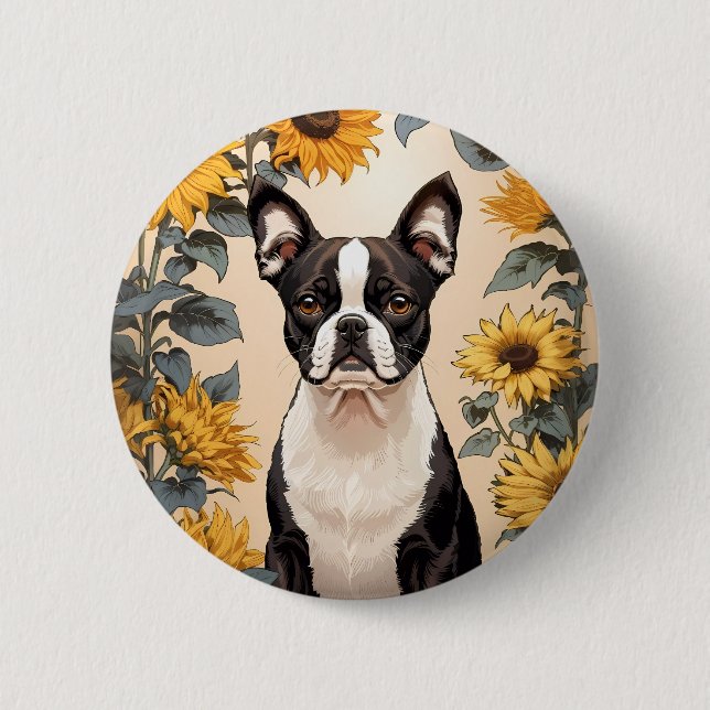 Macaron Rond 5 Cm Cute Boston Terrier Yellow Sunflowers (Devant)