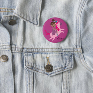 Macaron Rond 5 Cm Cute Brunette Haired Girl équitation sur une licor