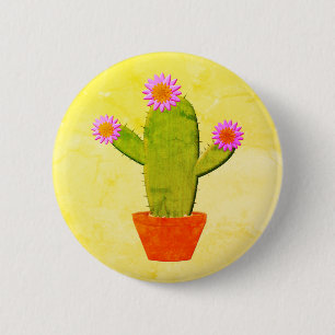 Macaron Rond 5 Cm Cute Cactus En Dessin Avec Peinture De Fleurs Rose