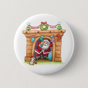 Macaron Rond 5 Cm Cute Cartoon Jolly Santa Claus Coming Down Chimney