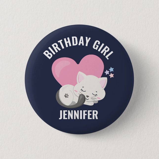 Macaron Rond 5 Cm Cute Chat Kitty Blanc avec Coeur Rose Anniversaire (Devant)