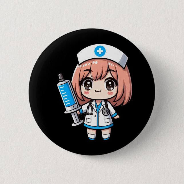 Macaron Rond 5 Cm Cute Chibi Nurse - soins de santé, anime, médecine (Devant)