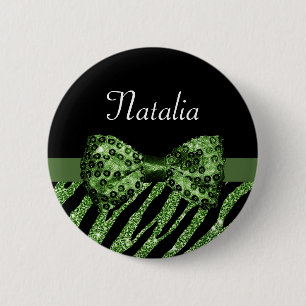 Macaron Rond 5 Cm Cute Green Zebra Print FAUX Glitz Bow avec nom