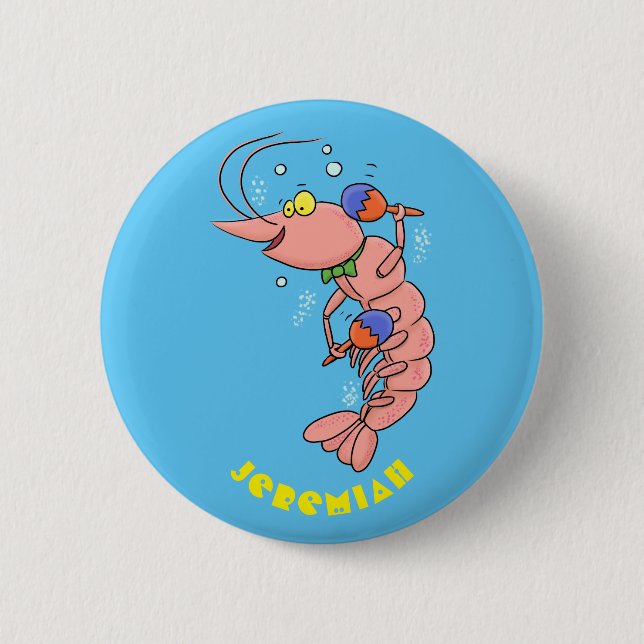 Macaron Rond 5 Cm Cute happy shrimp, dessin animé de crevettes (Devant)
