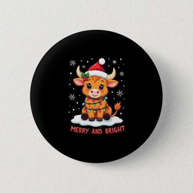 Macaron Rond 5 Cm Cute Highland Baby Cow Christmas Lights Merry & Br (Devant)