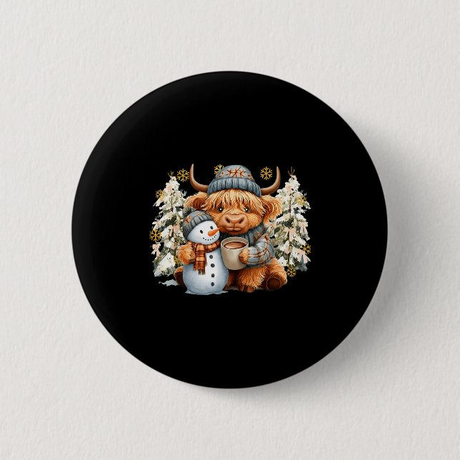 Macaron Rond 5 Cm Cute Highland Cow With Snowman Hot Cocoa Christmas (Devant)