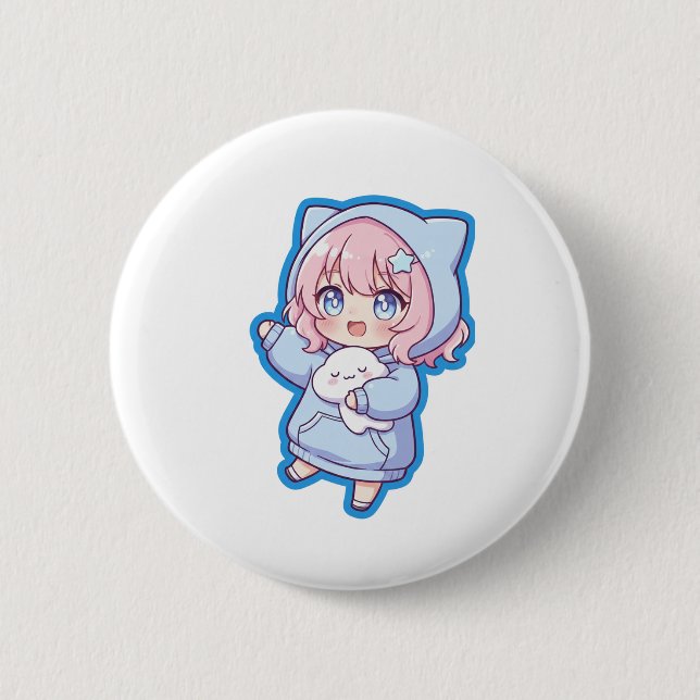 Macaron Rond 5 Cm Cute Kawaii Anime Girl Sticker (Devant)