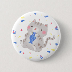 Macaron Rond 5 Cm Cute Kitty avec du poisson en été Illustration