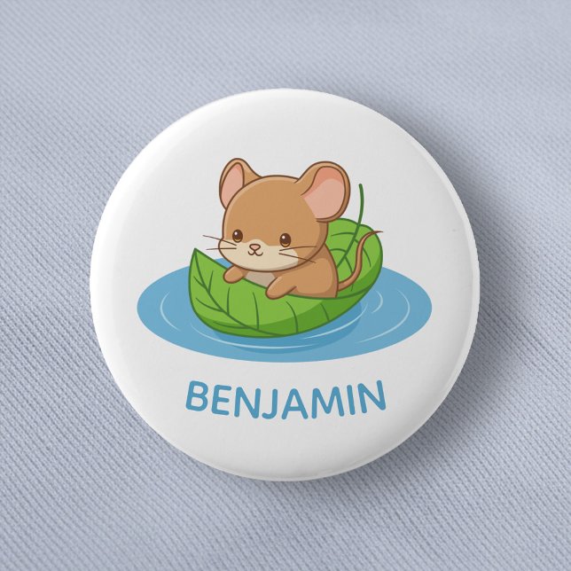 Macaron Rond 5 Cm Cute Mouse in a Leaf Boat Custom Name (Créateur téléchargé)