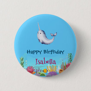 Macaron Rond 5 Cm Cute Narwhal Fish Unicorn Baleine mer Anniversaire