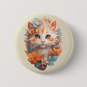 Macaron Rond 5 Cm Cute Orange Floral Kitty Chat
