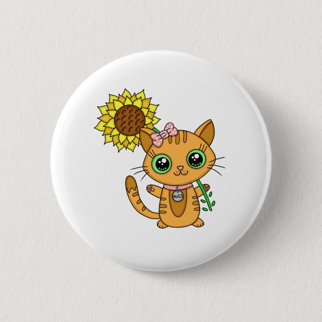 Macaron Rond 5 Cm Cute Orange Kawaii Chat avec tournesol (Devant)