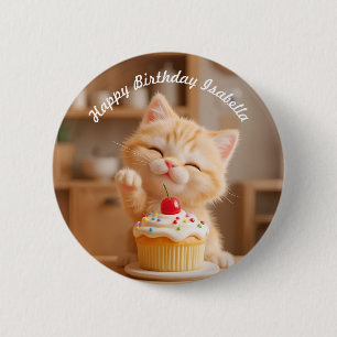 Macaron Rond 5 Cm Cute Orange Kitten avec un Cupcake