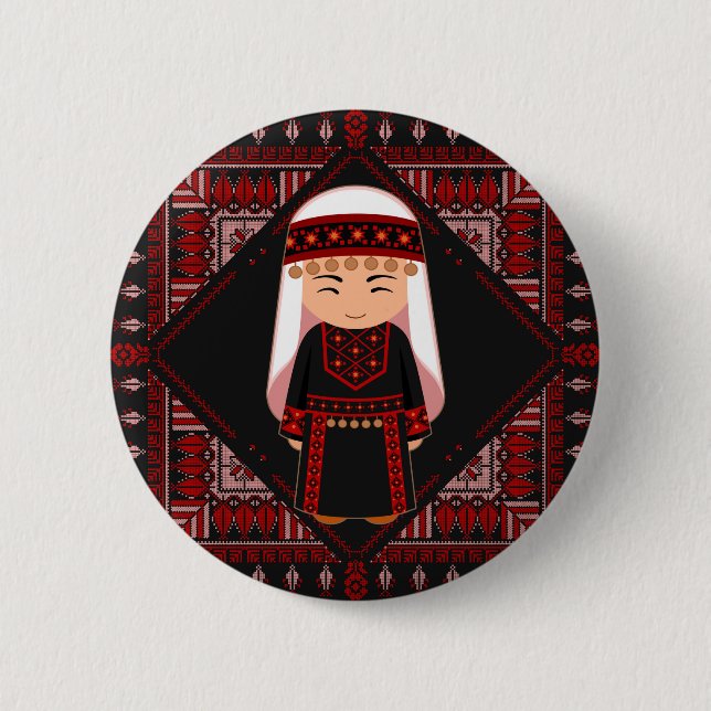Macaron Rond 5 Cm cute Palestinian girl Embroidery red tatreez   (Devant)