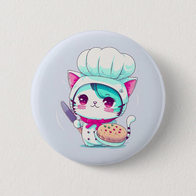 Macaron Rond 5 Cm Cute pâtisserie boulangère Chef Chat avec gâteau e (Devant)