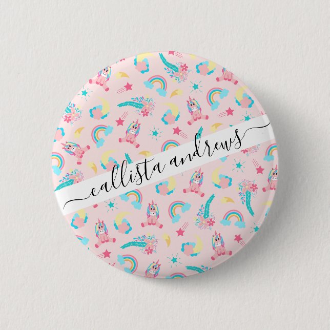 Macaron Rond 5 Cm Cute Pink Teal Unicorn Rainbow (Devant)