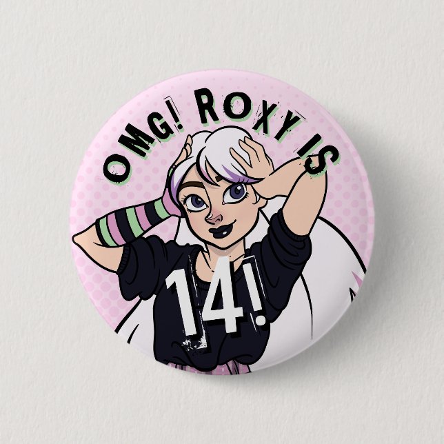 Macaron Rond 5 Cm Cute Punk Ado Girl Pink Nom 14e anniversaire (Devant)