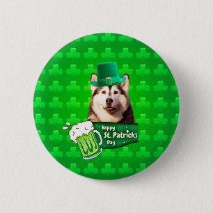 Macaron Rond 5 Cm Cute Siberian Husky Chien Casquette St. Patrick's 