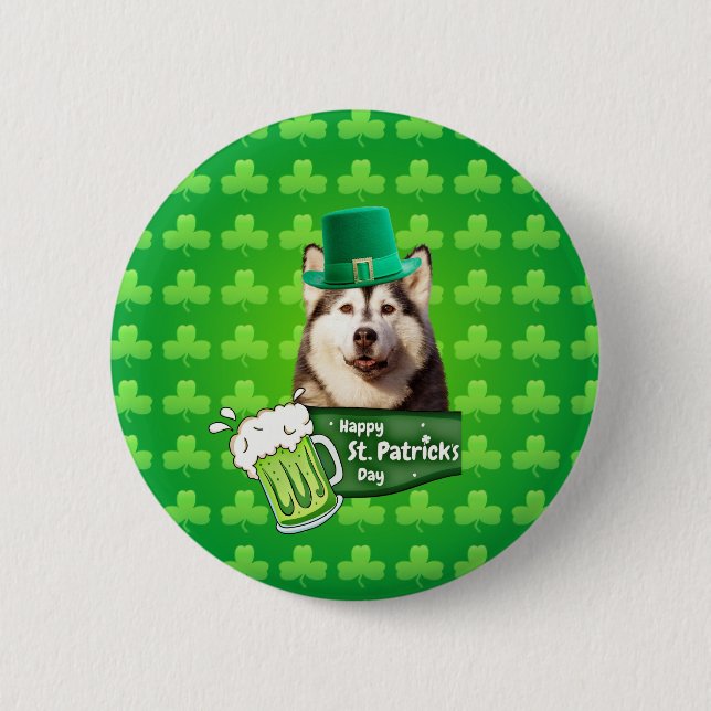 Macaron Rond 5 Cm Cute Siberian Husky Chien Casquette St. Patrick's  (Devant)