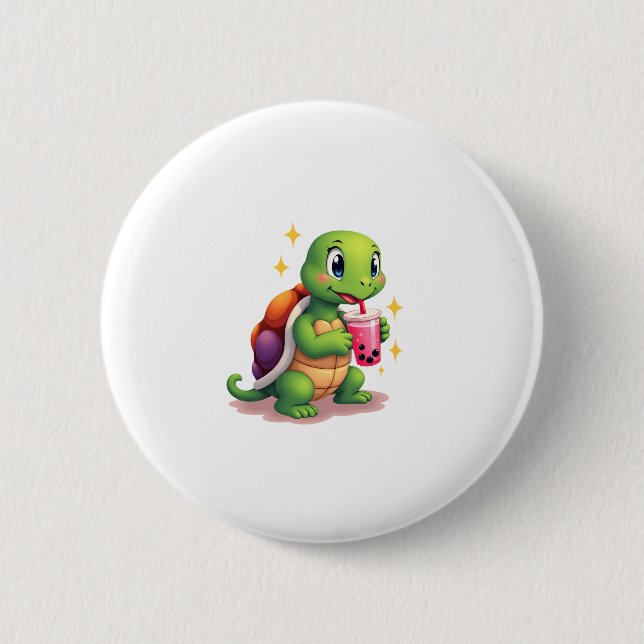 Macaron Rond 5 Cm Cute turtle drinking boba. Funny Boba Turtles Love (Devant)