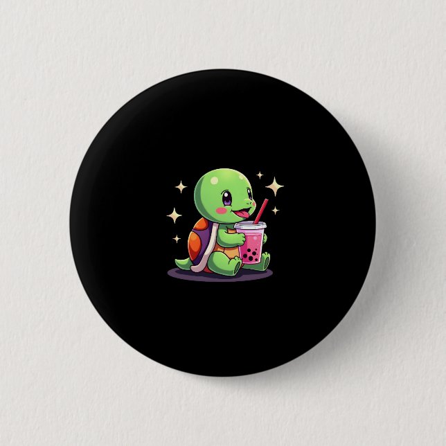 Macaron Rond 5 Cm Cute turtle drinking boba. Funny Boba Turtles Love (Devant)