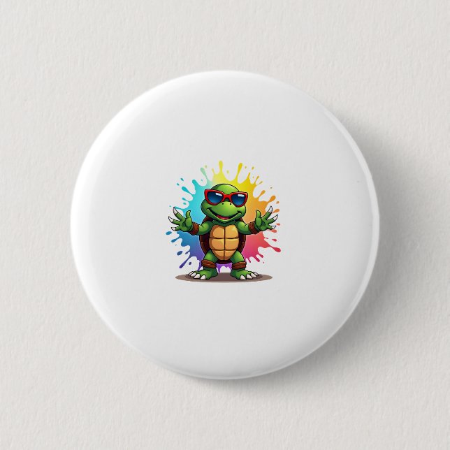 Macaron Rond 5 Cm Cute Turtle Wearing Sunglasses Paint Splash Sea An (Devant)