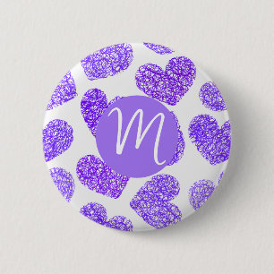 Macaron Rond 5 Cm Cute violet Doodled Heart Saint Valentin Monogramm