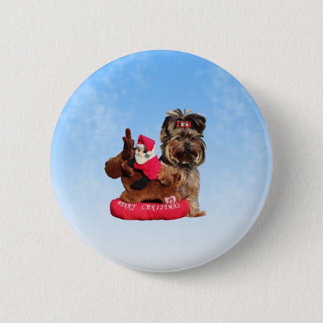 Macaron Rond 5 Cm Cute Yorkshire Terrier Joyeux Noël (Devant)