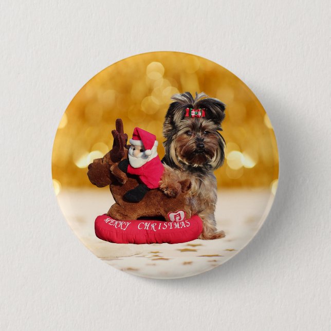 Macaron Rond 5 Cm Cute Yorkshire Terrier Joyeux Noël (Devant)