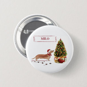Macaron Rond 5 Cm Dachshund Brun Drôle de Noël Chien avec Arbre