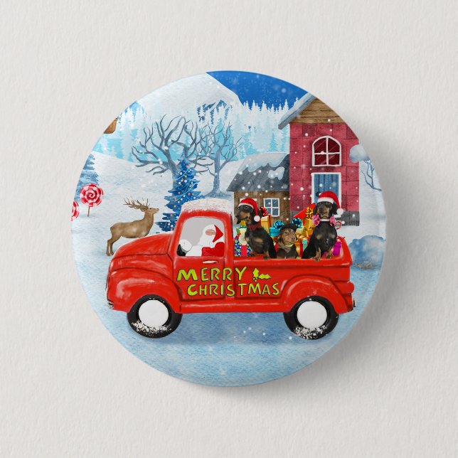 Macaron Rond 5 Cm Dachshund Chien en livraison de Noël Camion Neige (Devant)