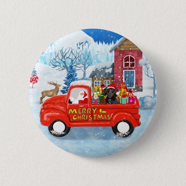 Macaron Rond 5 Cm Dachshund Chien en livraison de Noël Camion Neige (Devant)