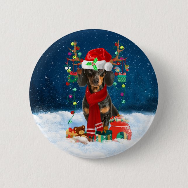 Macaron Rond 5 Cm Dachshund Chien en neige avec cadeaux de Noël (Devant)