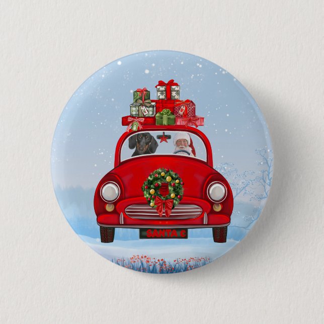 Macaron Rond 5 Cm Dachshund Chien En Voiture Avec Le Père Noël (Devant)