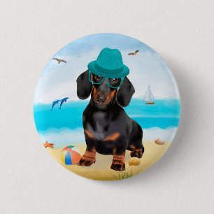 Macaron Rond 5 Cm Dachshund Dog sur la plage