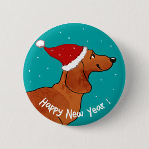 Macaron Rond 5 Cm Dachshund Happy Chien du Nouvel An