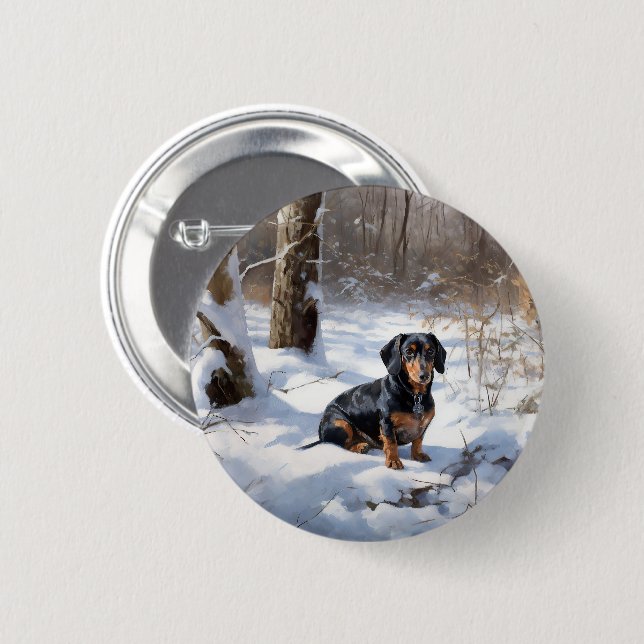 Macaron Rond 5 Cm Dachshund Qu'Il Neige Noël (Devant & derrière)