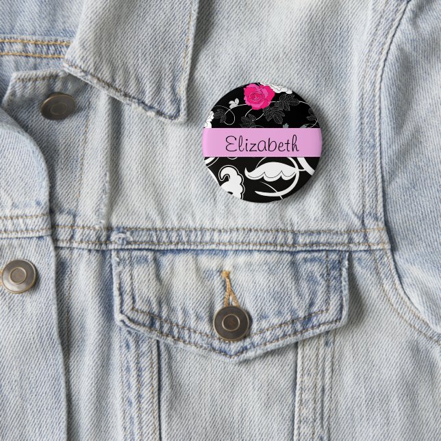 Macaron Rond 5 Cm Damas, Fleurs, Noir et Blanc, Votre nom (En situation)