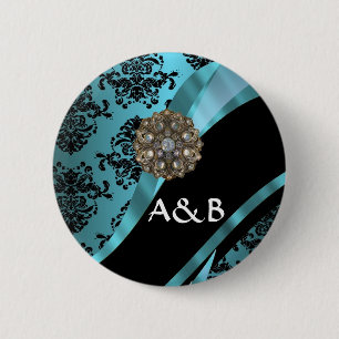 Macaron Rond 5 Cm Damassé noire et bleu vert