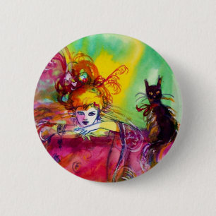 Macaron Rond 5 Cm DAME AVEC CHAT NOIR /Mardi Gras Masquerade Party