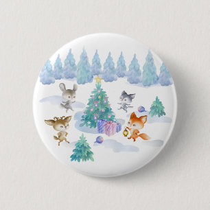 Macaron Rond 5 Cm Danse Animaux de forêt Noël Aquarelle