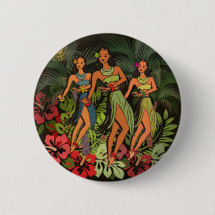 Macaron Rond 5 Cm Danseuses Hula Vintage Hawaï Rétro Tiki Palmier