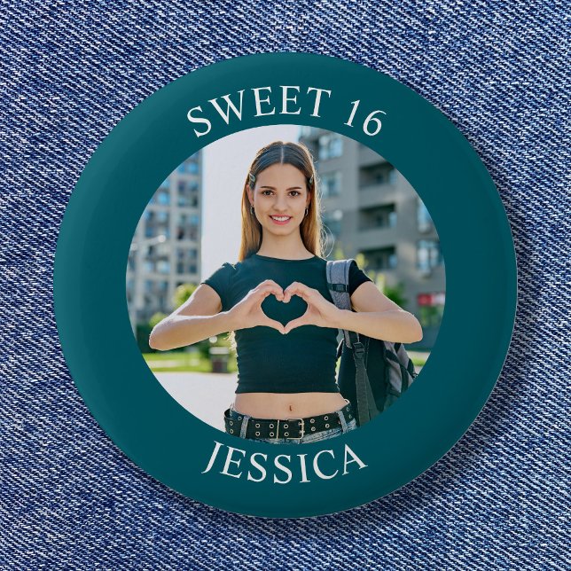 Macaron Rond 5 Cm Dark Turquoise Sweet 16 Birthday Circle Photo (Dark Teal Sweet 16 Birthday Circle Photo Button)