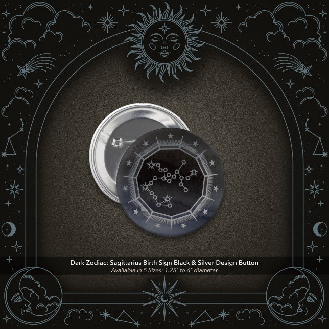 Macaron Rond 5 Cm Dark Zodiac: Sagittarius Birth Sign Black & Silver (Dark Zodiac: Sagittarius Birth Sign Black & Silver Button)