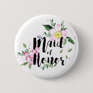 Macaron Rond 5 Cm Demoiselle d'Honneur Fleurs Aquarelle Rose Mariage