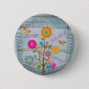 Macaron Rond 5 Cm Denim Back Fleurs de poche Paix Aimer Espoir