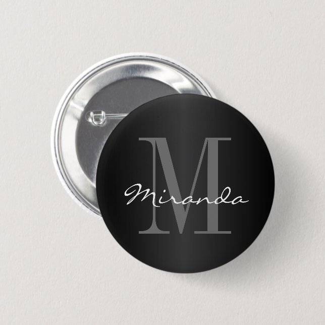 Macaron Rond 5 Cm Design du monogramme | Noir, gris et blanc classiq (Devant & derrière)