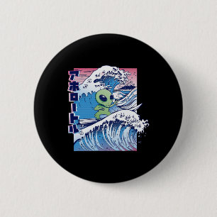 Macaron Rond 5 Cm Dessin animé de surf d'alien surfant sur la plage