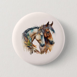 Macaron Rond 5 Cm Deux beaux chevaux Boho occidental